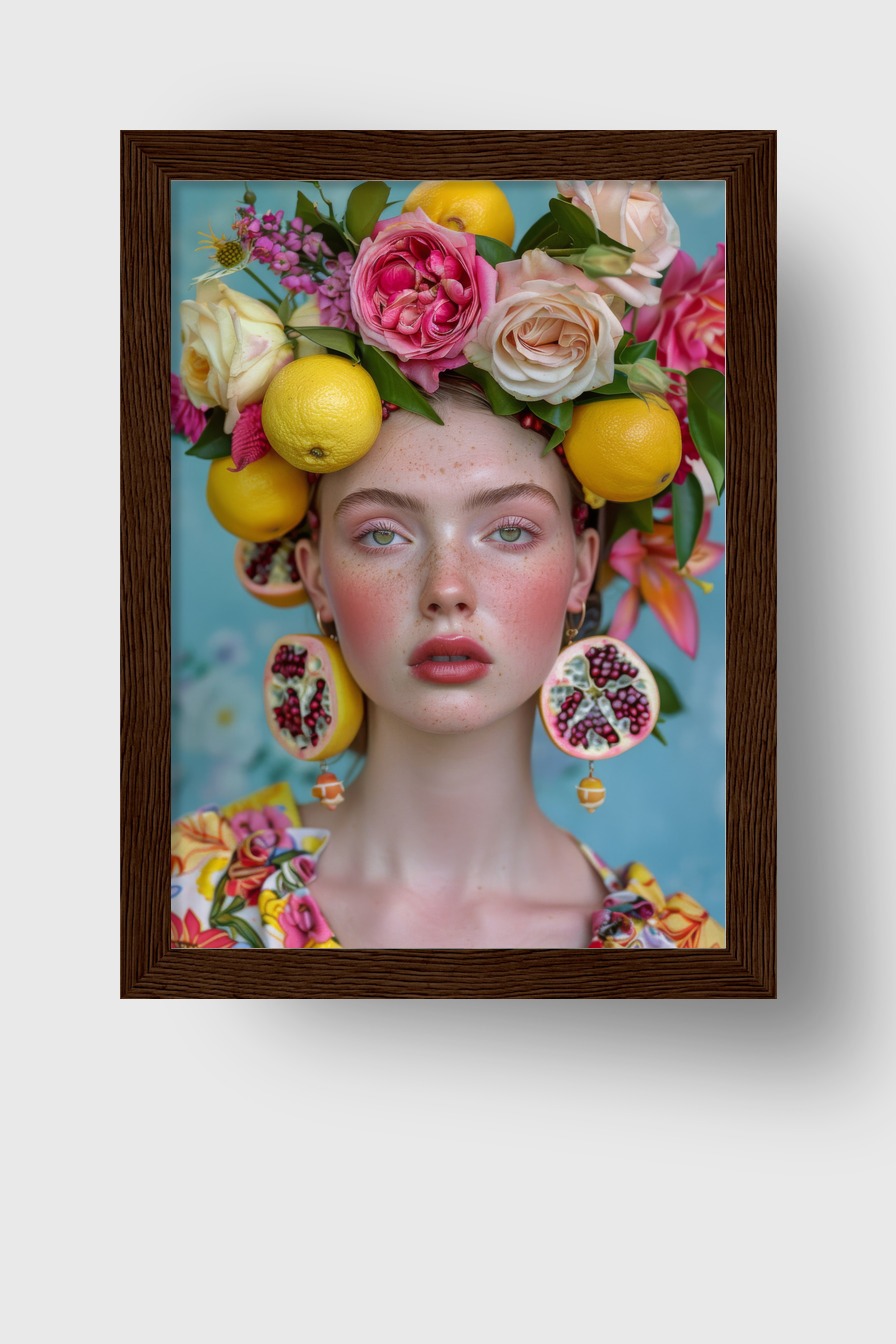 Fotografie Poster Frau Früchte Zitronen Rosen bunt
