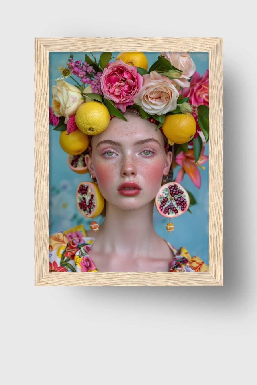 Fotografie Poster Frau Früchte Zitronen Rosen bunt