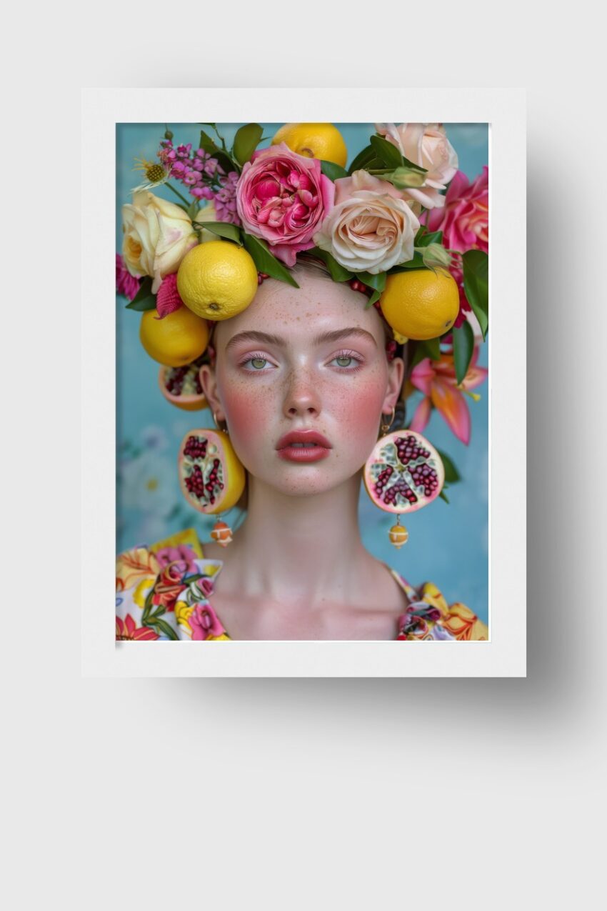 Fotografie Poster Frau Früchte Zitronen Rosen bunt
