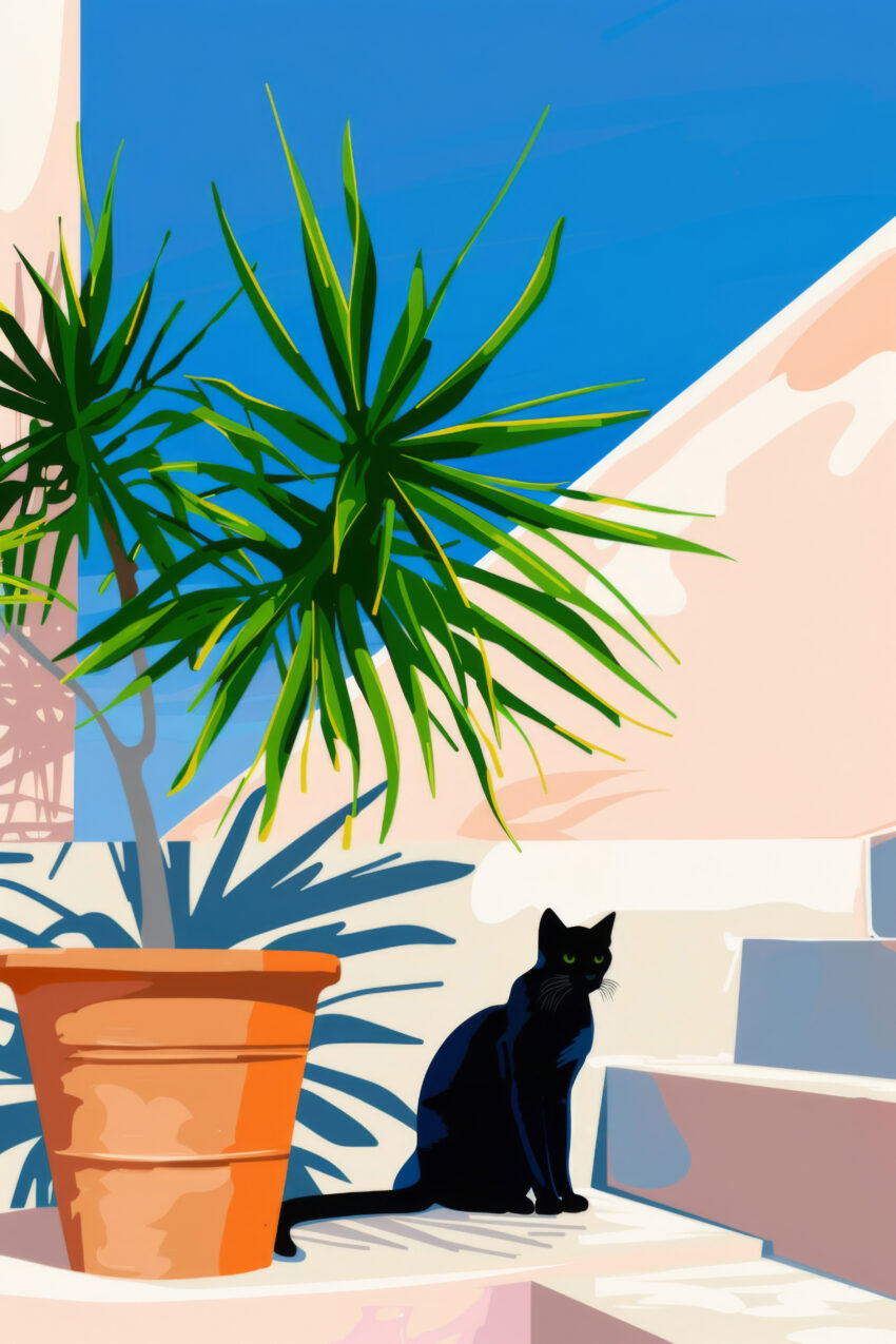 Grafik Poster schwarze Katze Treppe Sonne grün