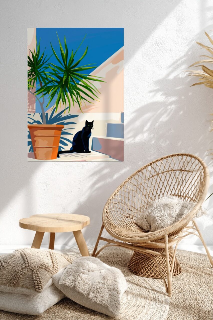 Grafik Poster schwarze Katze Treppe Sonne grün