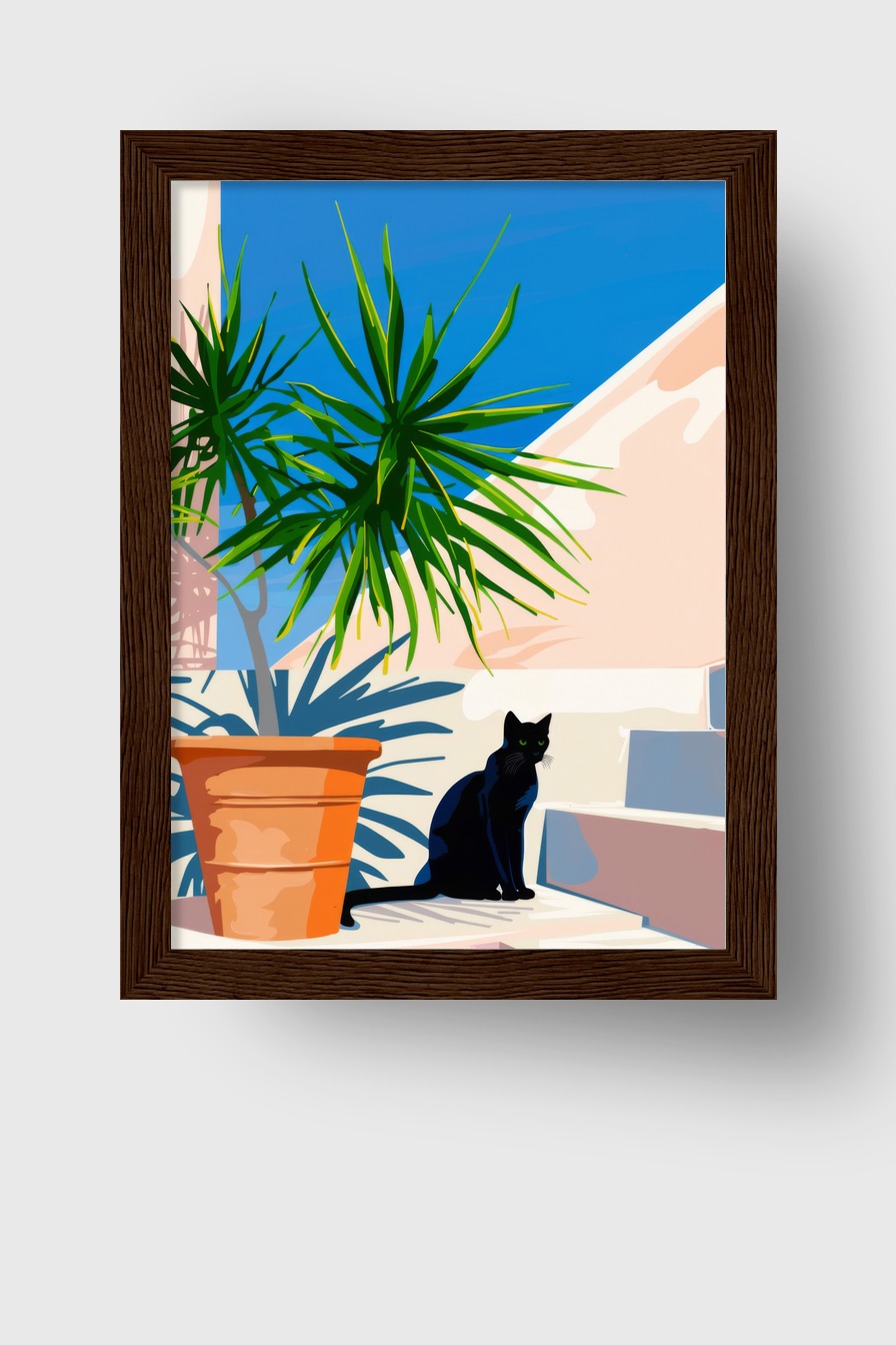 Grafik Poster schwarze Katze Treppe Sonne grün