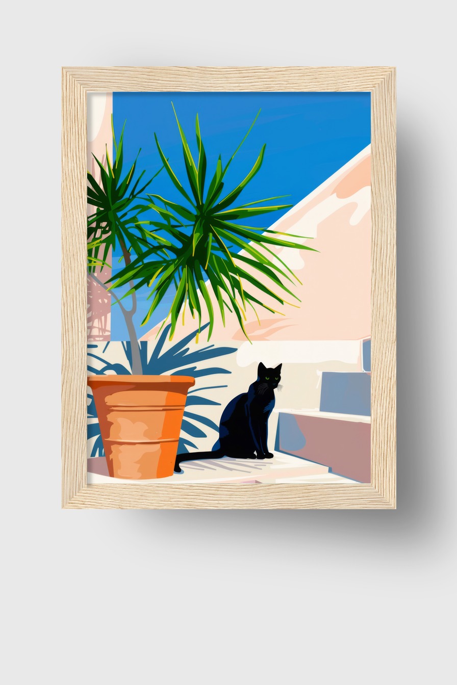 Grafik Poster schwarze Katze Treppe Sonne grün
