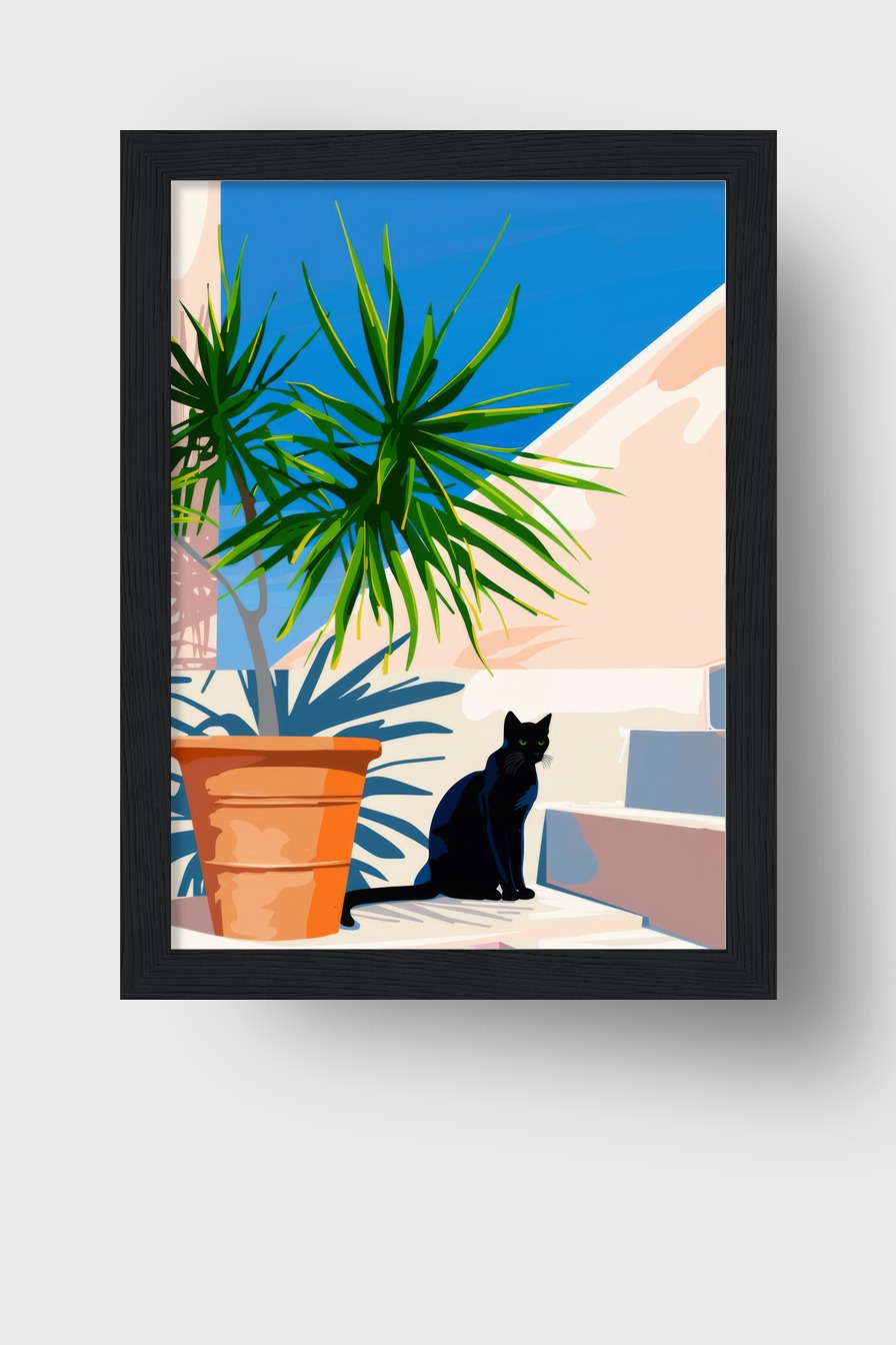 Grafik Poster schwarze Katze Treppe Sonne grün
