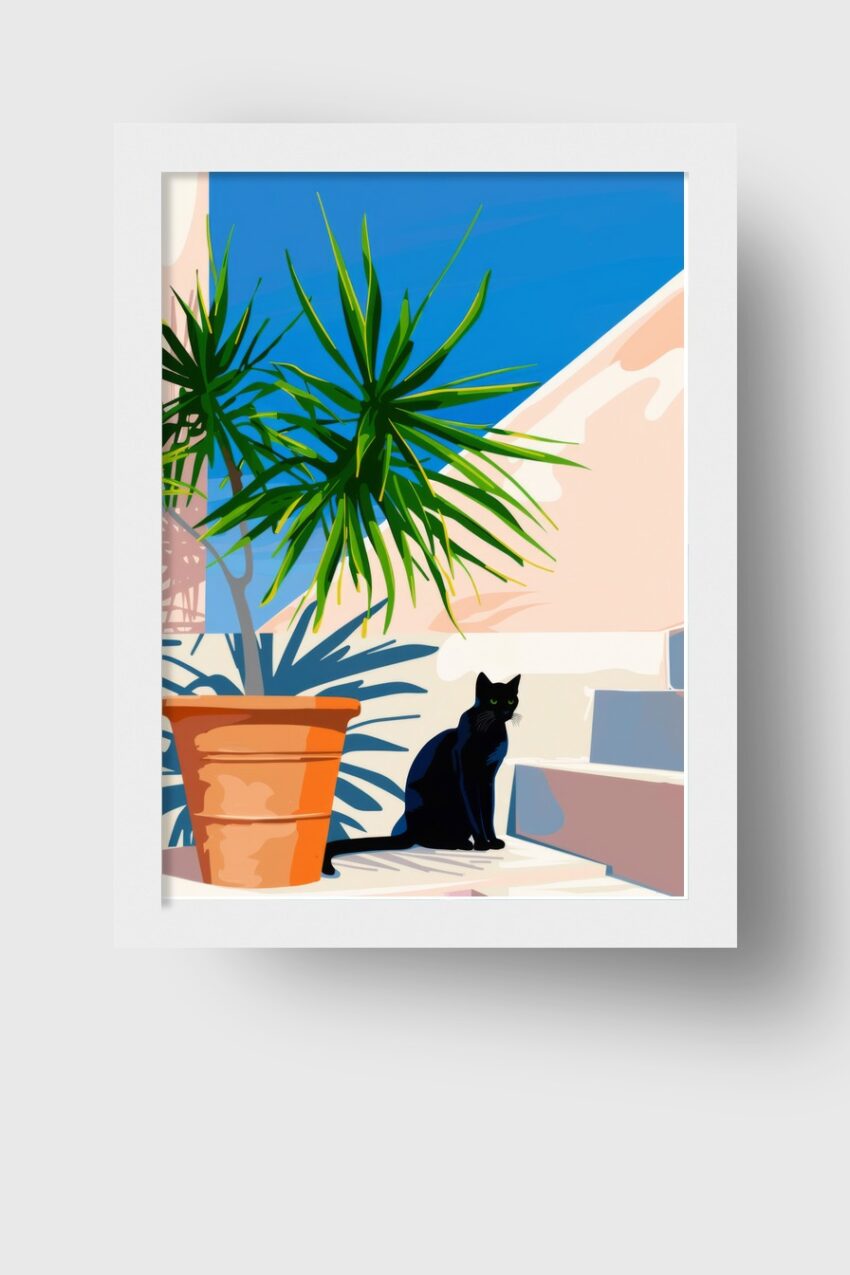 Grafik Poster schwarze Katze Treppe Sonne grün