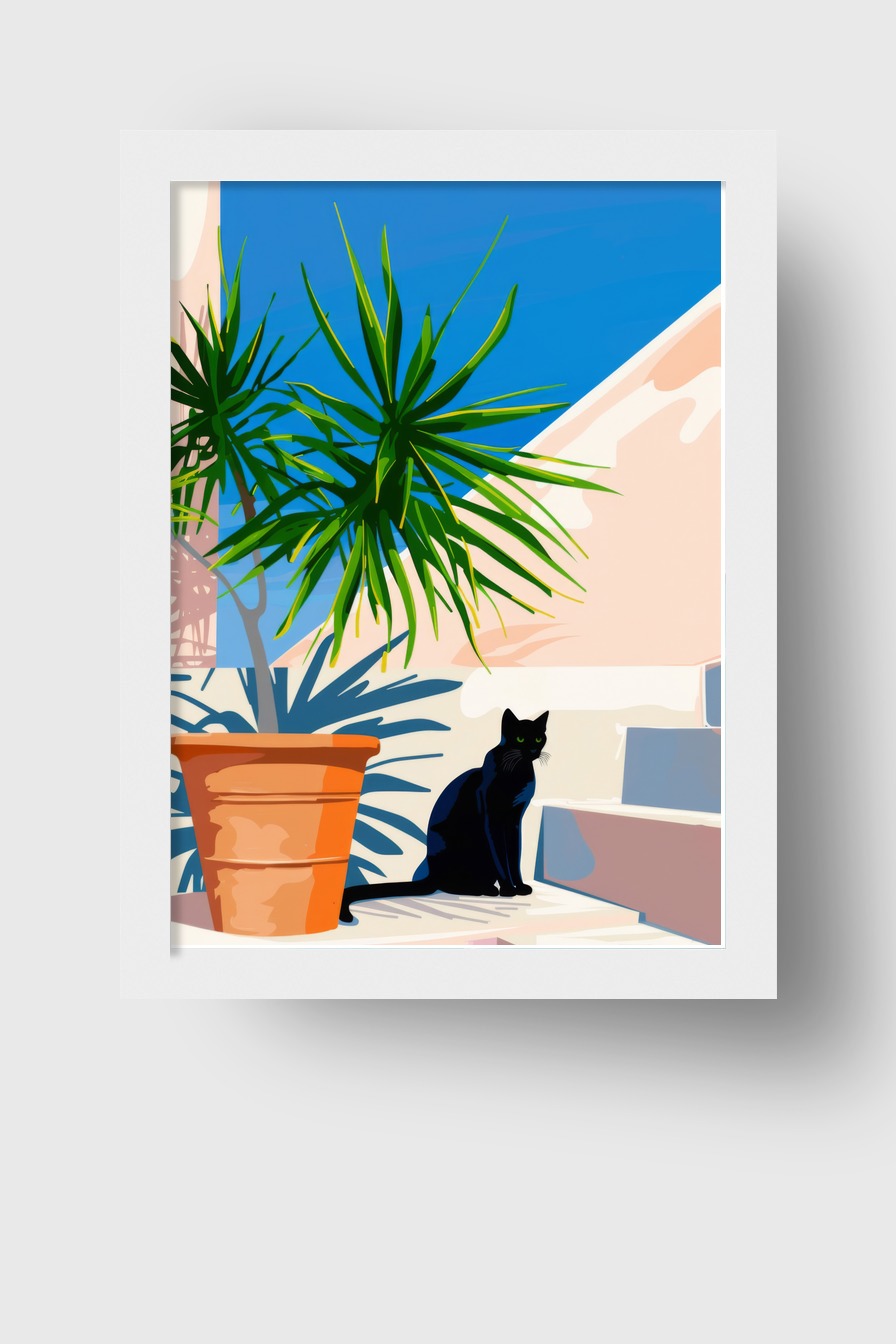 Grafik Poster schwarze Katze Treppe Sonne grün