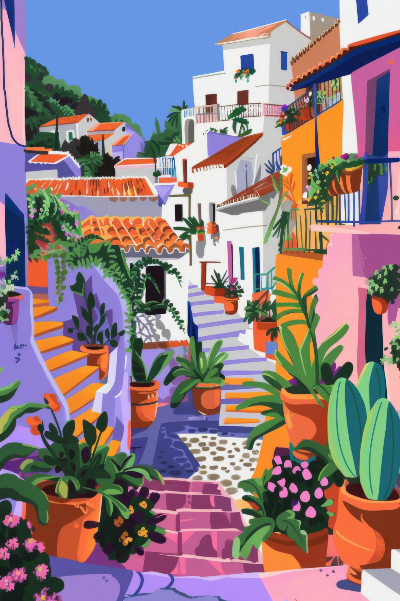 Illustration Poster Gasse Blumentöpfe mediterran bunt