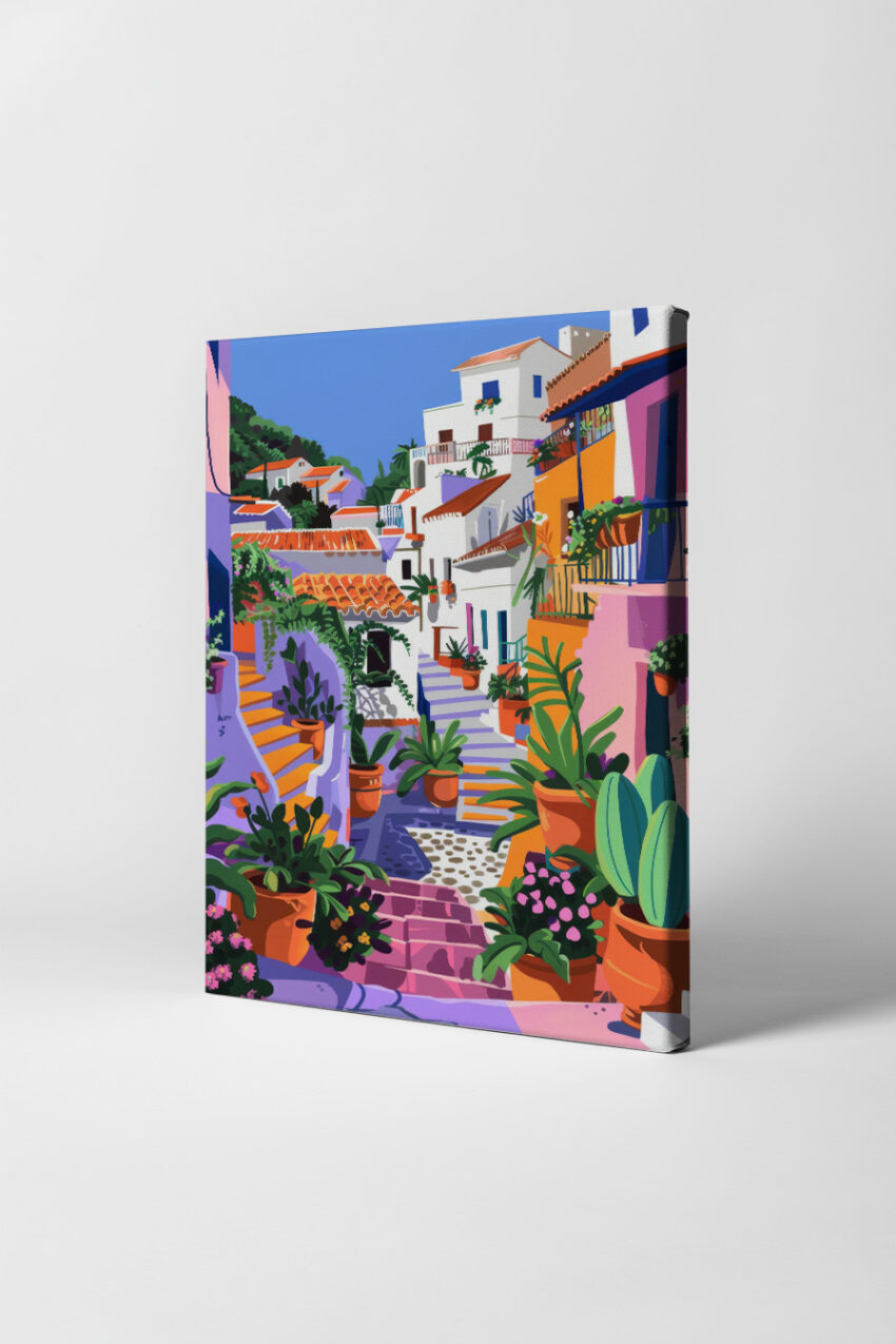 Illustration Poster Gasse Blumentöpfe mediterran bunt