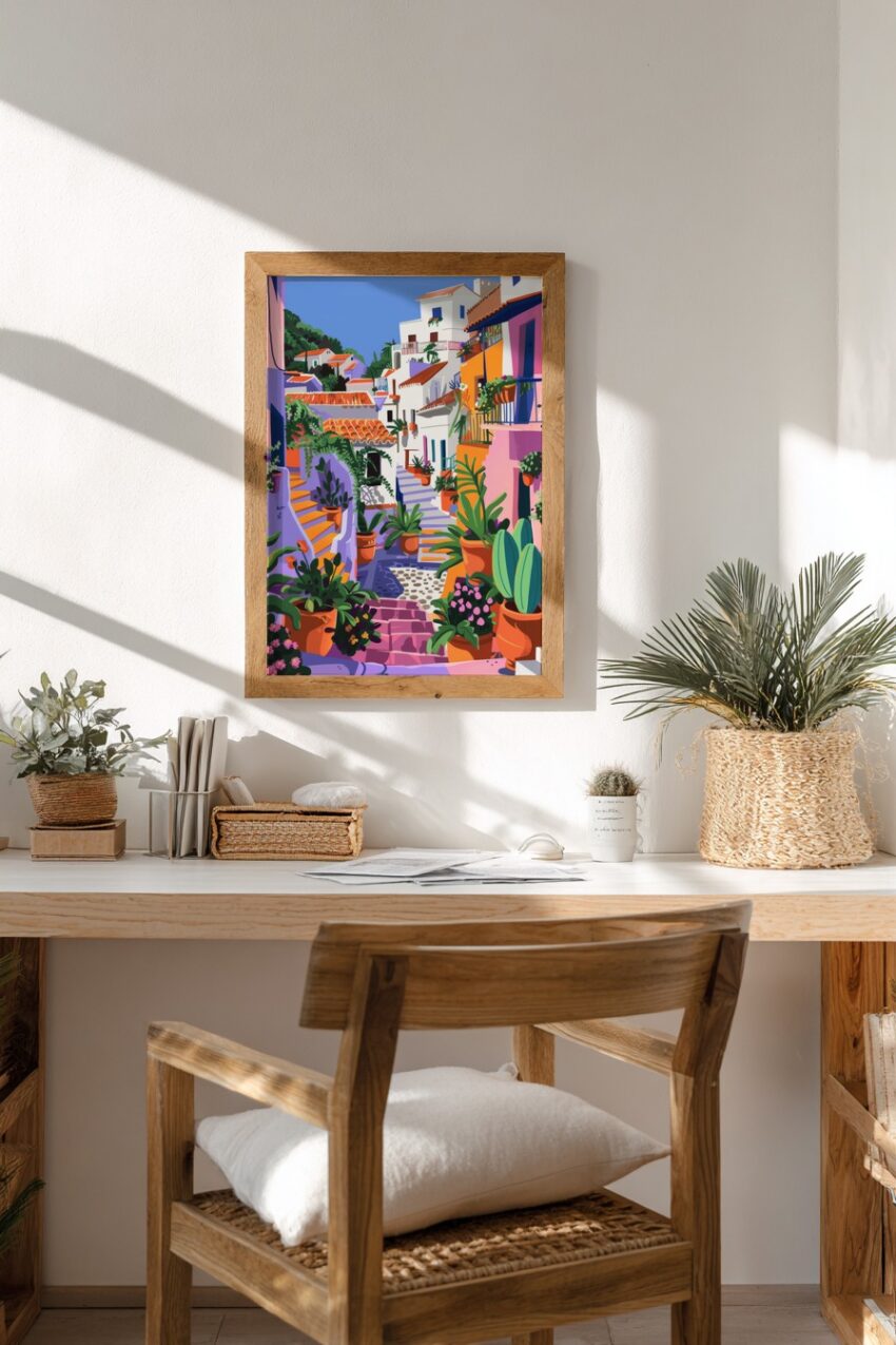 Illustration Poster Gasse Blumentöpfe mediterran bunt