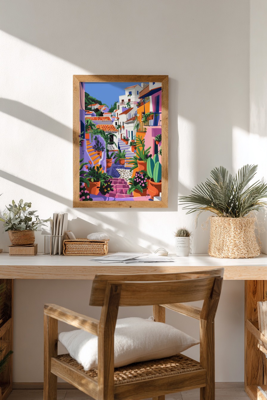 Illustration Poster Gasse Blumentöpfe mediterran bunt