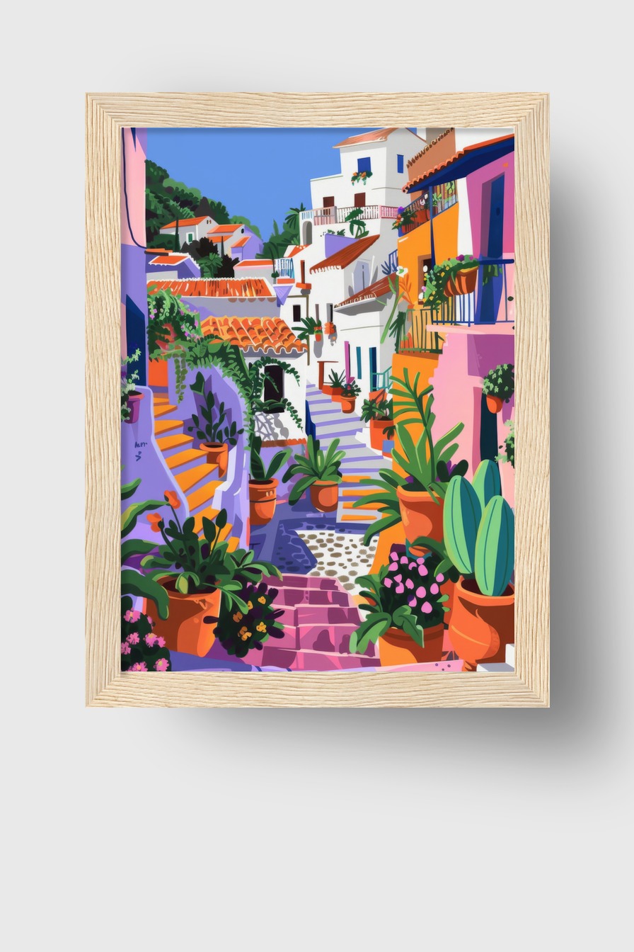 Illustration Poster Gasse Blumentöpfe mediterran bunt