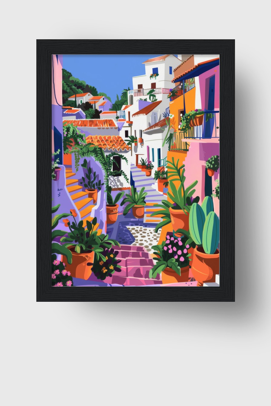 Illustration Poster Gasse Blumentöpfe mediterran bunt