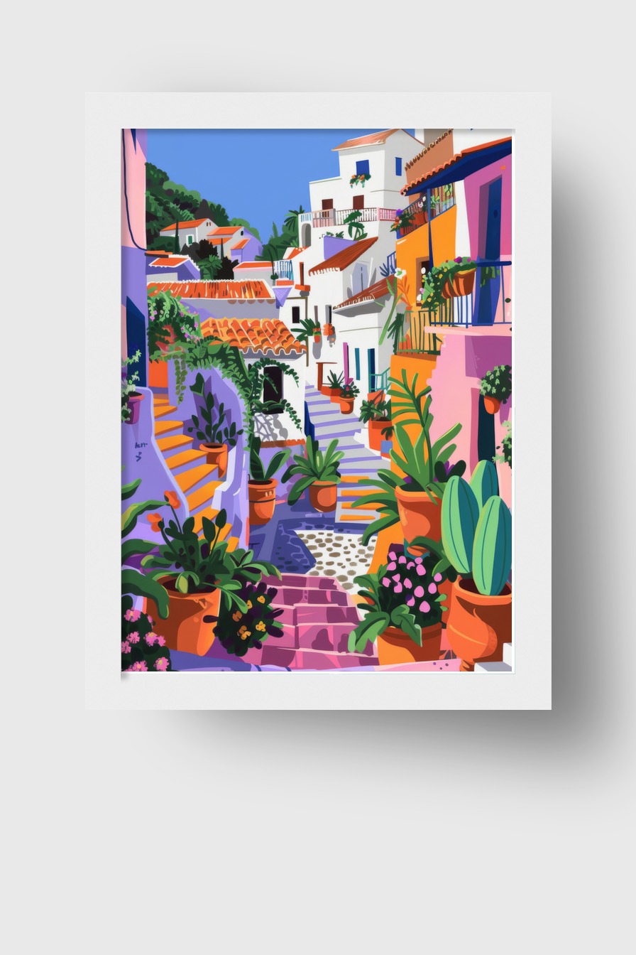 Illustration Poster Gasse Blumentöpfe mediterran bunt