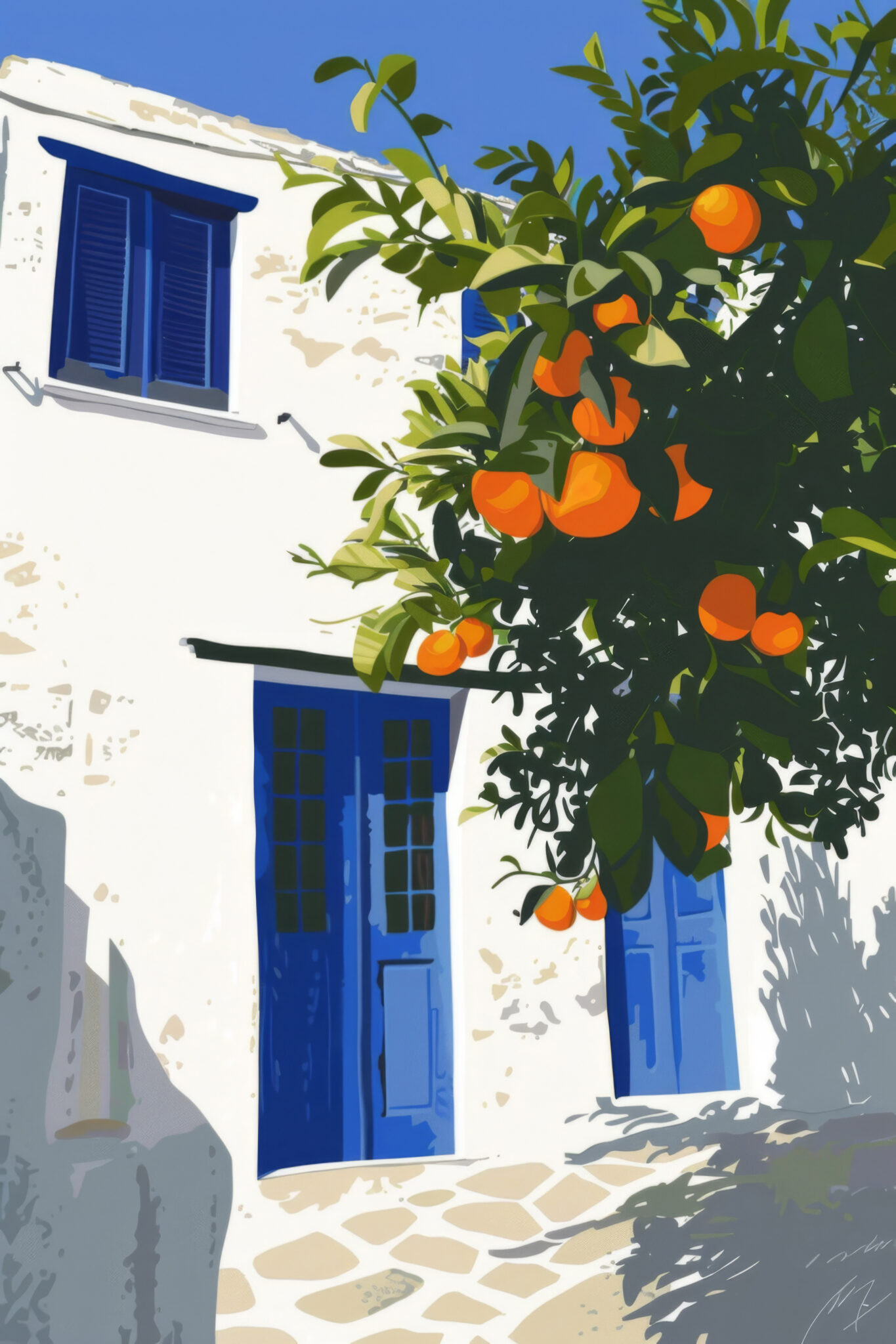 Illustration Poster Orangenbaum mediterran blau weiß