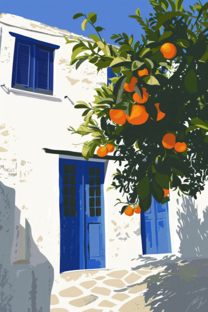 Illustration Poster Orangenbaum mediterran blau weiß