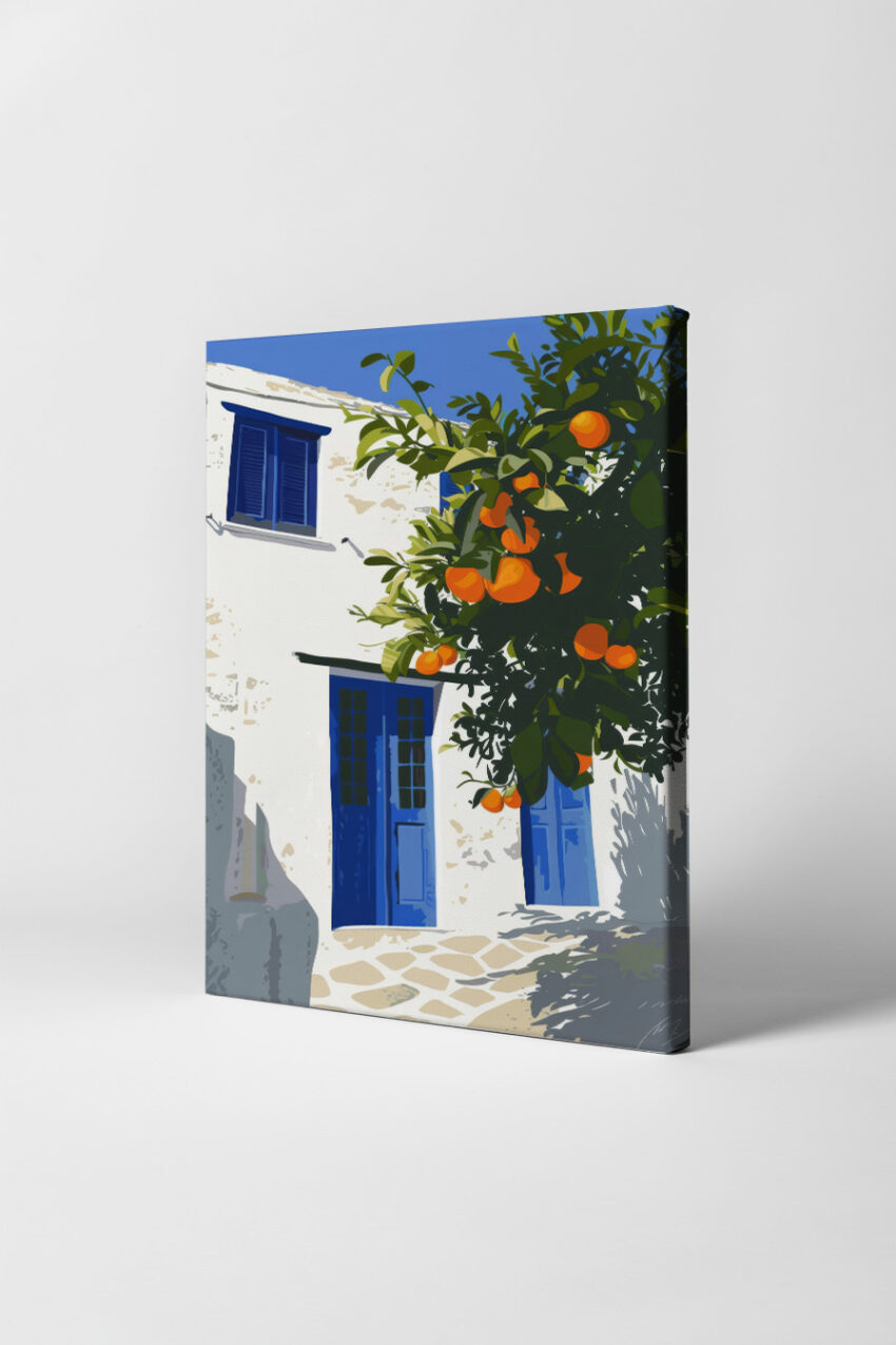 Illustration Poster Orangenbaum mediterran blau weiß