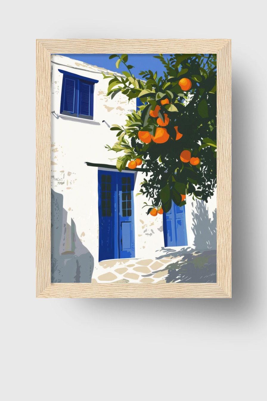 Illustration Poster Orangenbaum mediterran blau weiß