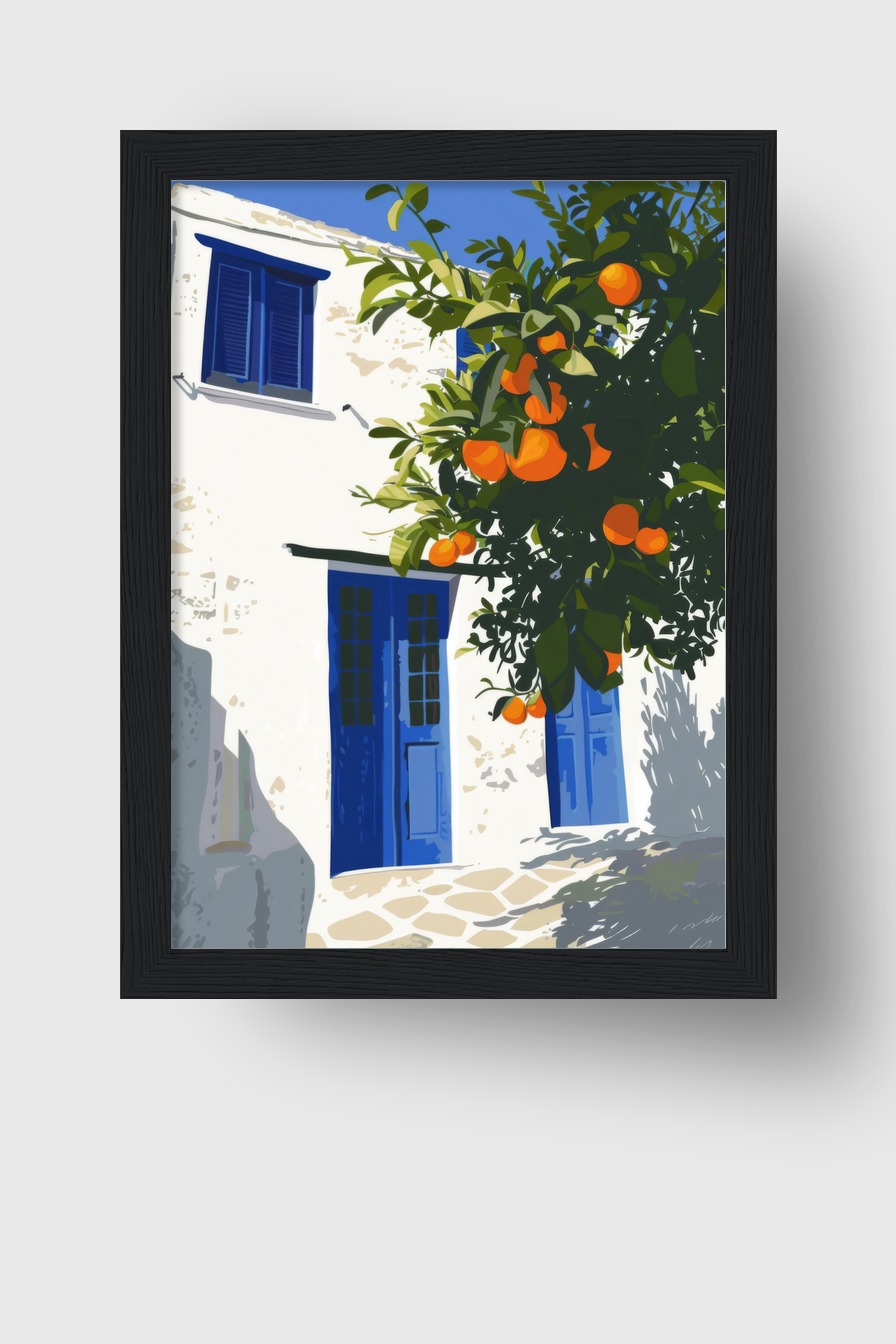 Illustration Poster Orangenbaum mediterran blau weiß