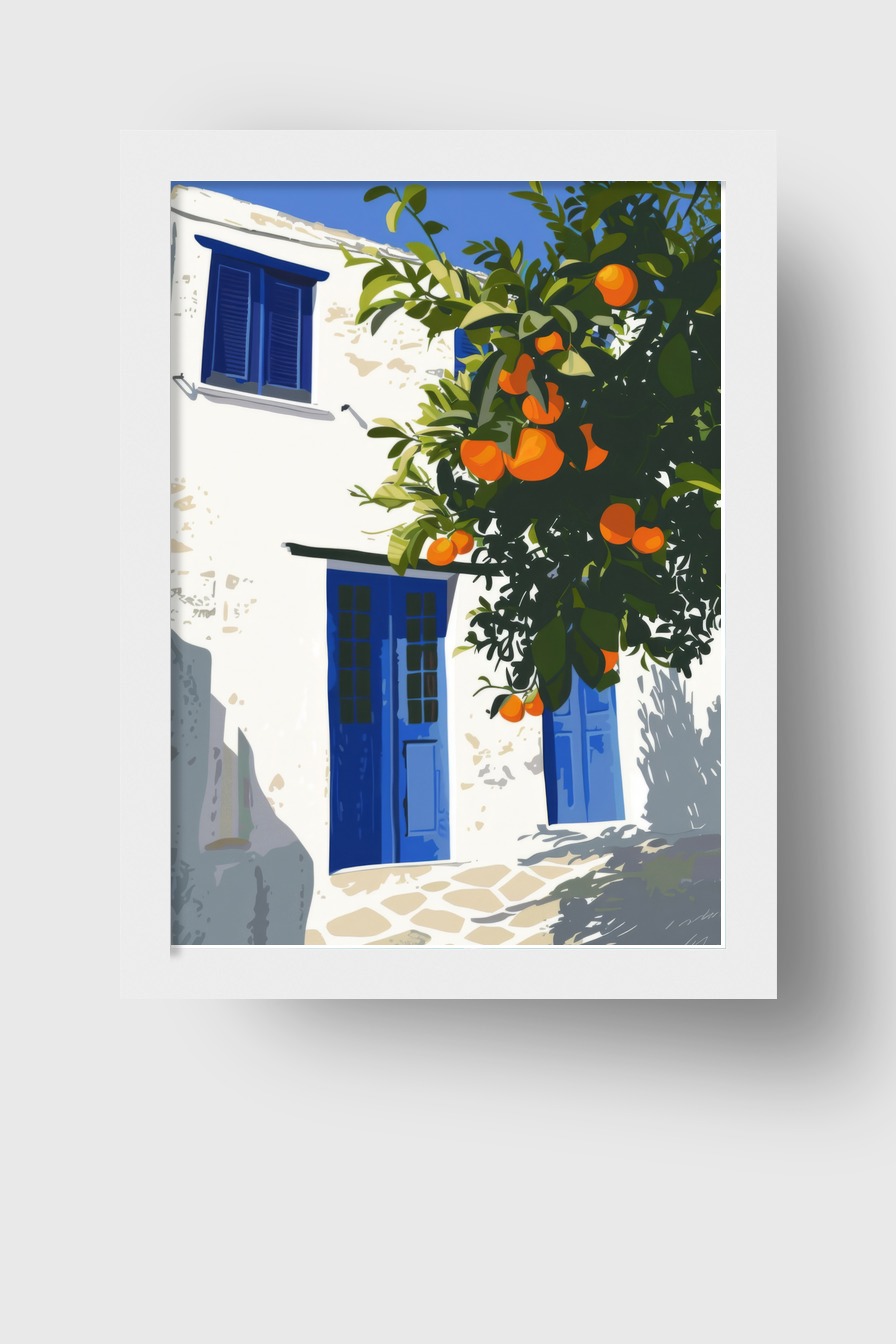 Illustration Poster Orangenbaum mediterran blau weiß