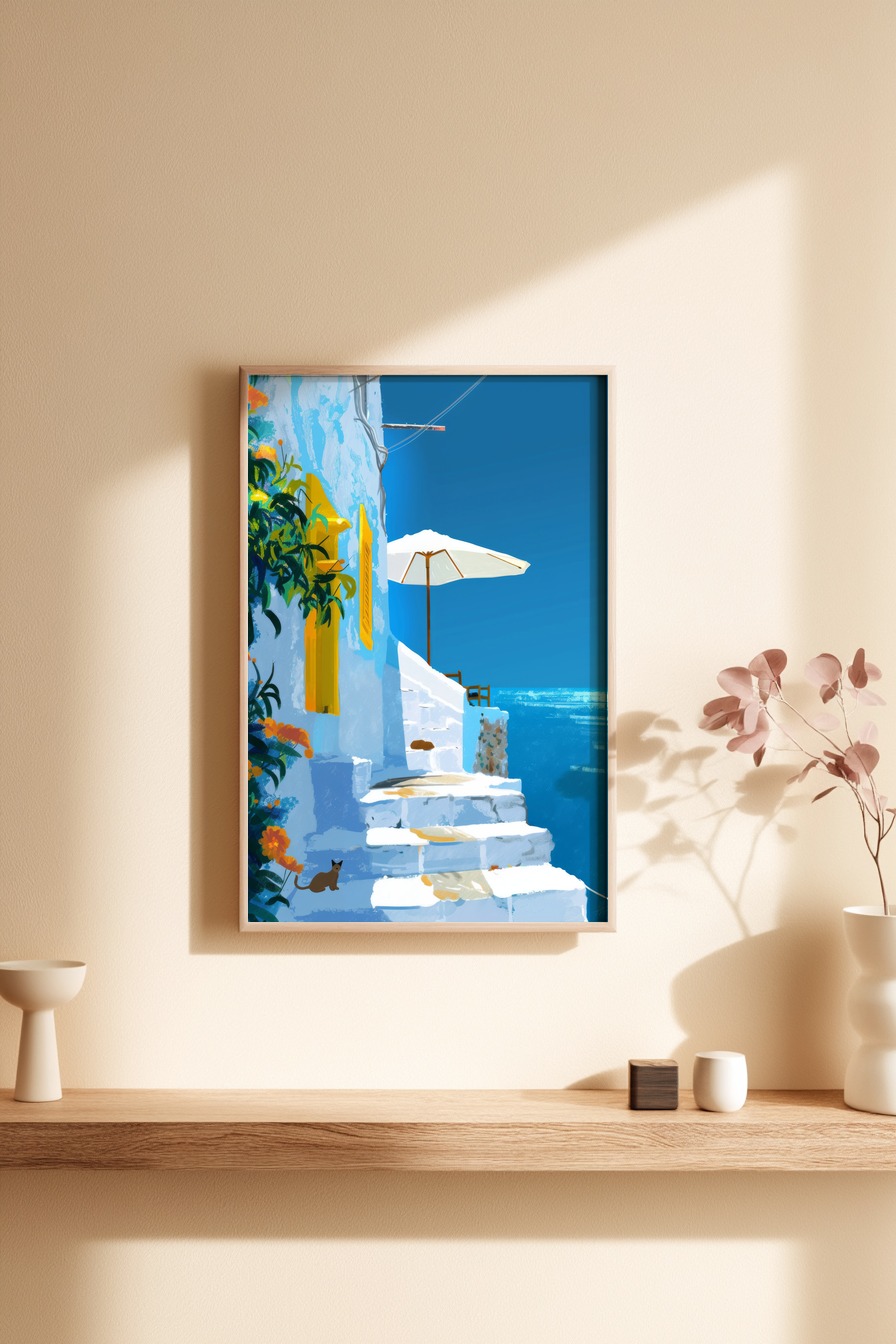 Digitale Kunst Poster Treppe Meerblick sonnig blau