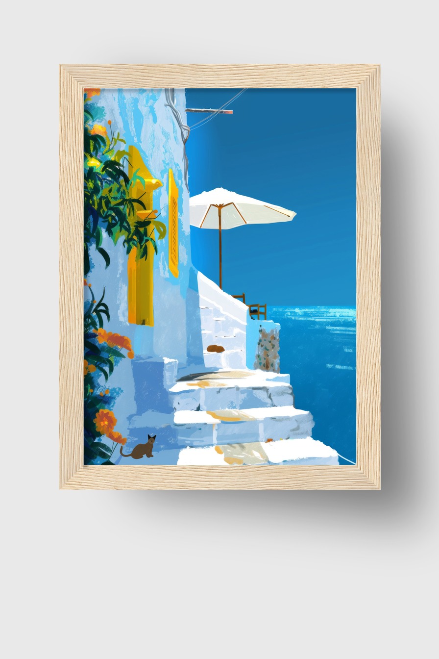 Digitale Kunst Poster Treppe Meerblick sonnig blau