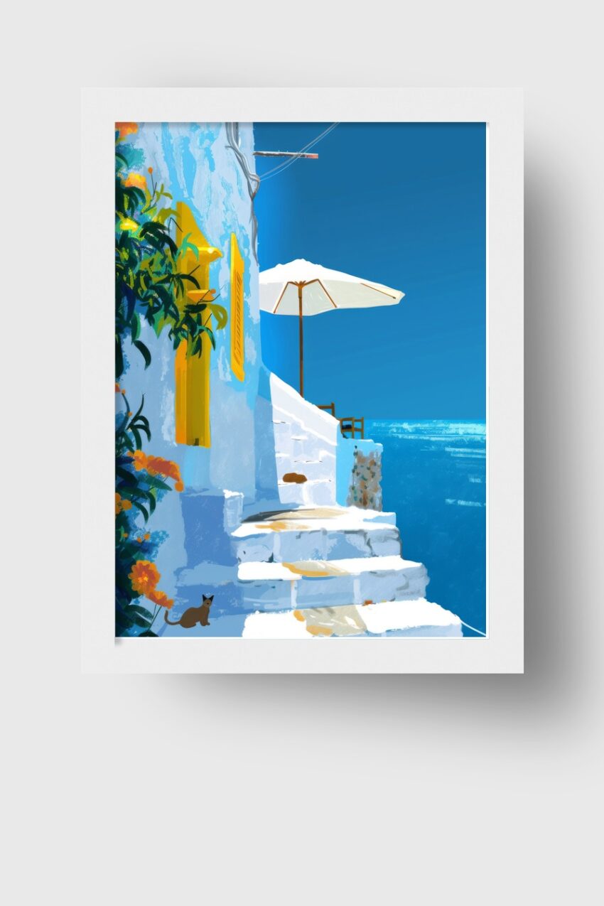 Digitale Kunst Poster Treppe Meerblick sonnig blau