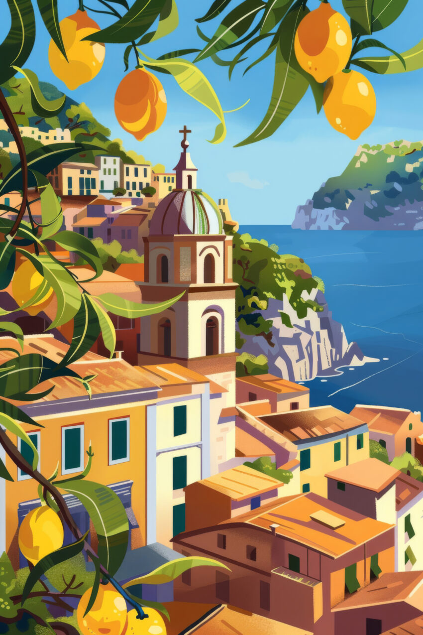 Grafik Poster Zitronen mediterran Küste blau gelb