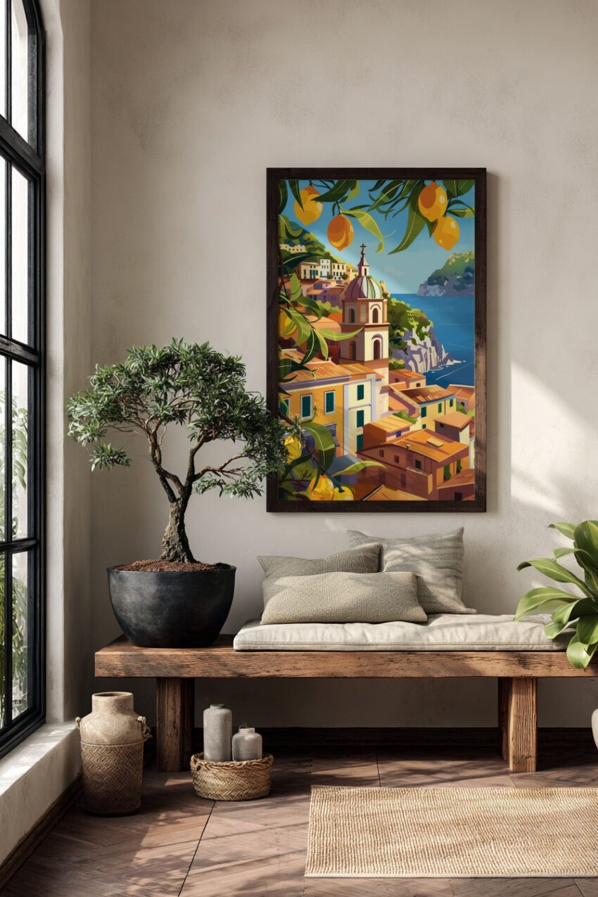 Grafik Poster Zitronen mediterran Küste blau gelb