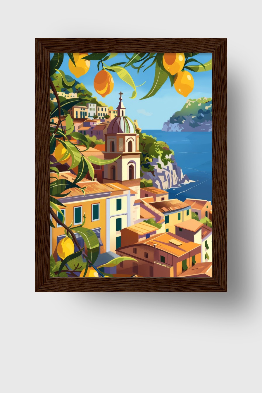 Grafik Poster Zitronen mediterran Küste blau gelb
