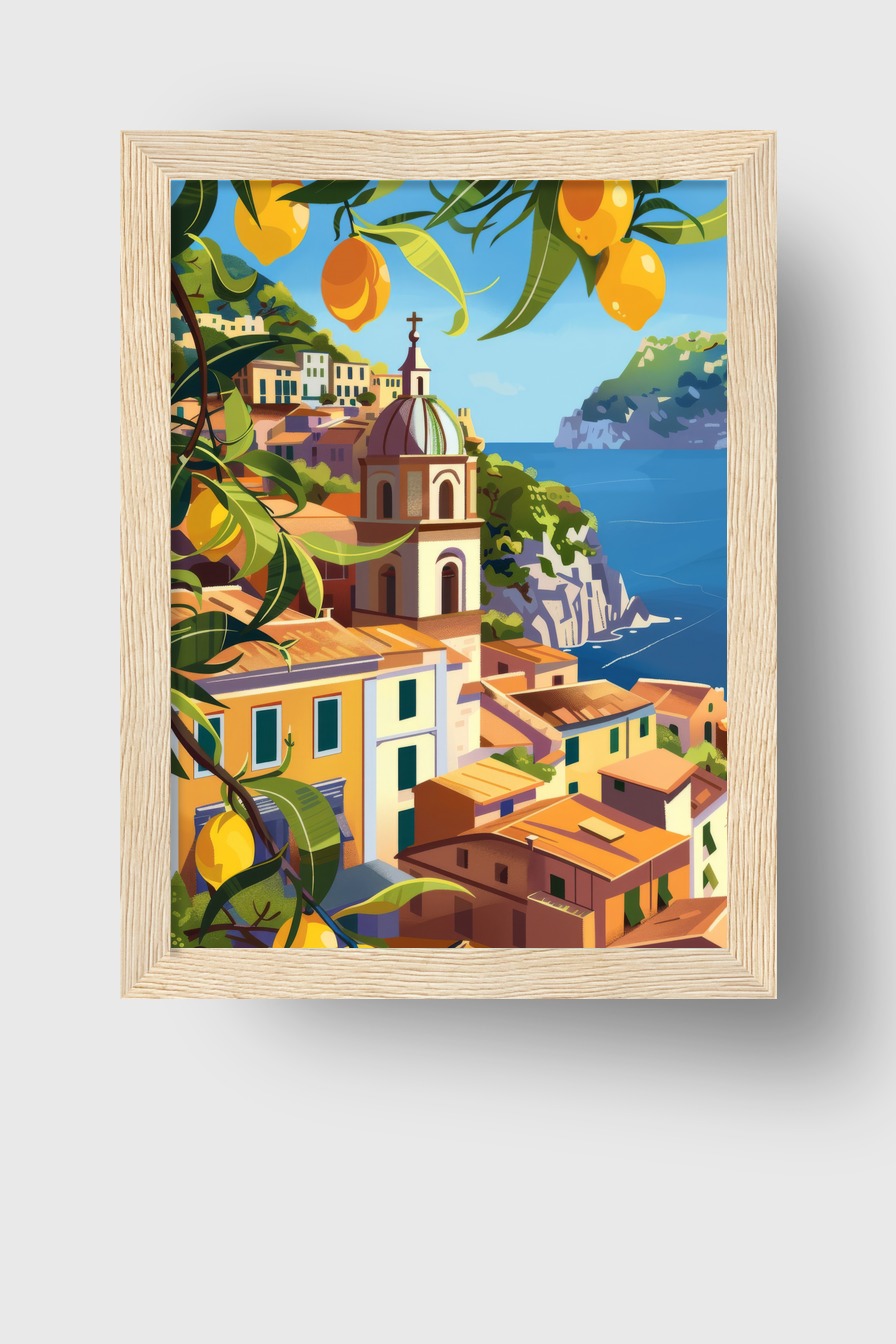 Grafik Poster Zitronen mediterran Küste blau gelb