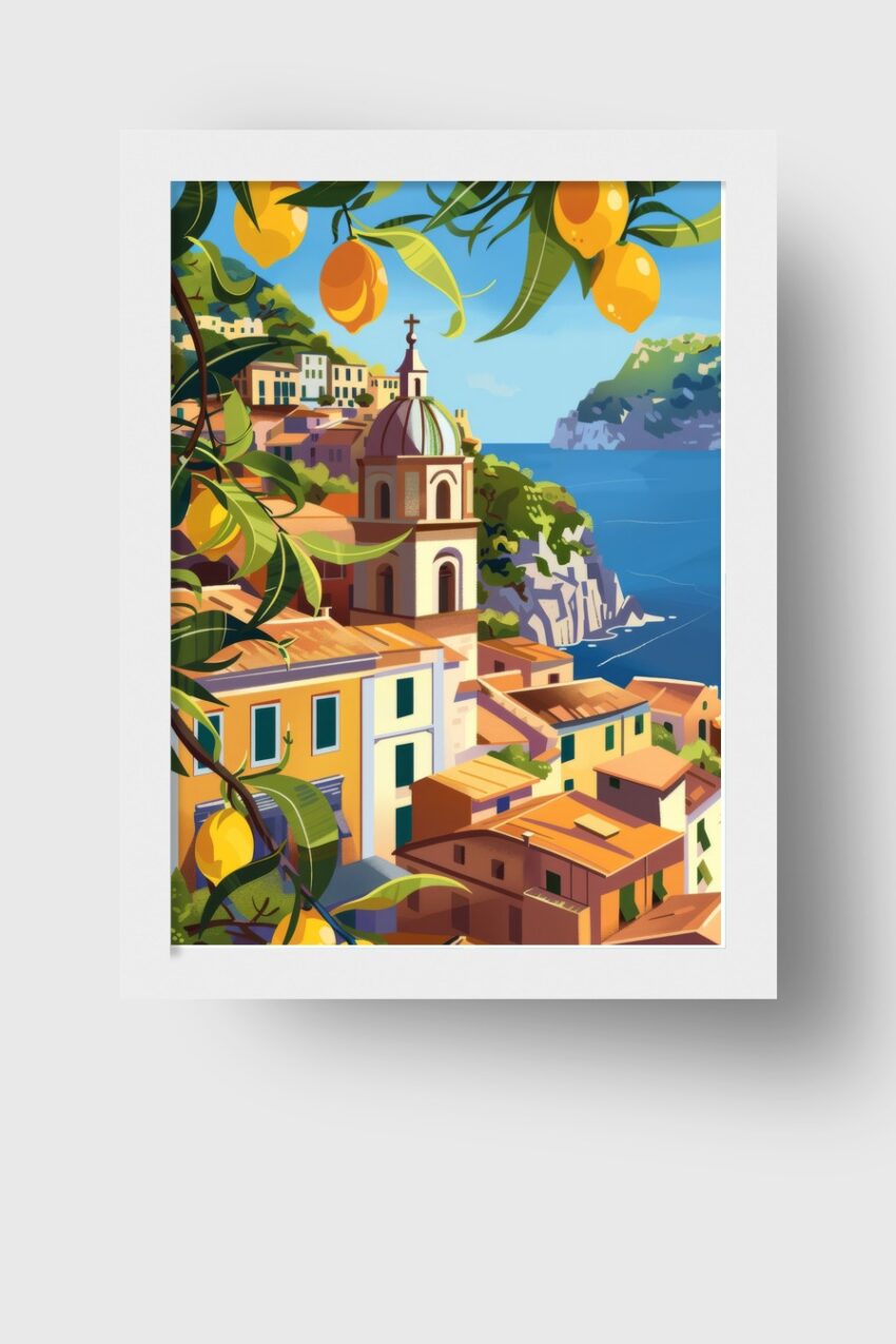 Grafik Poster Zitronen mediterran Küste blau gelb