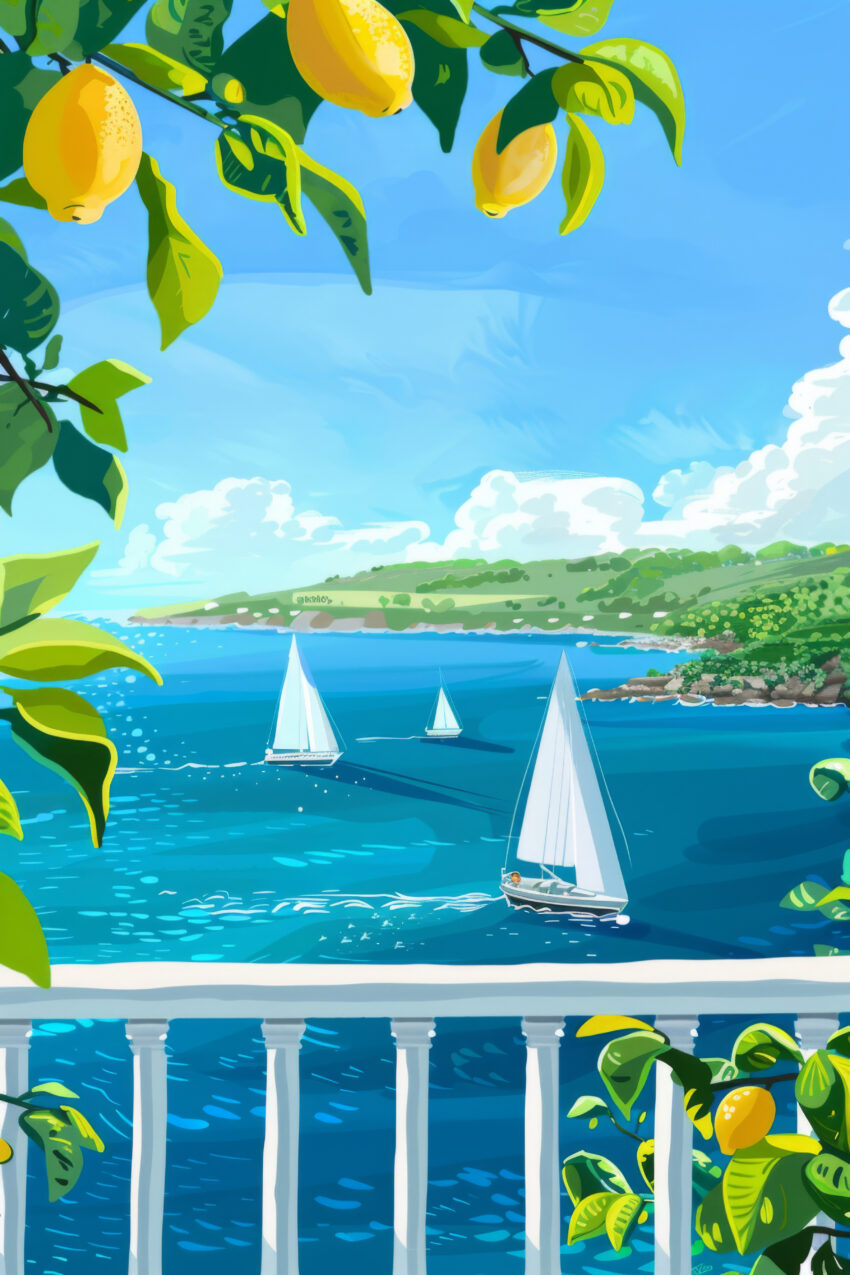 Digitale Kunst Poster Segelboote Zitruszweig Blau Gelb