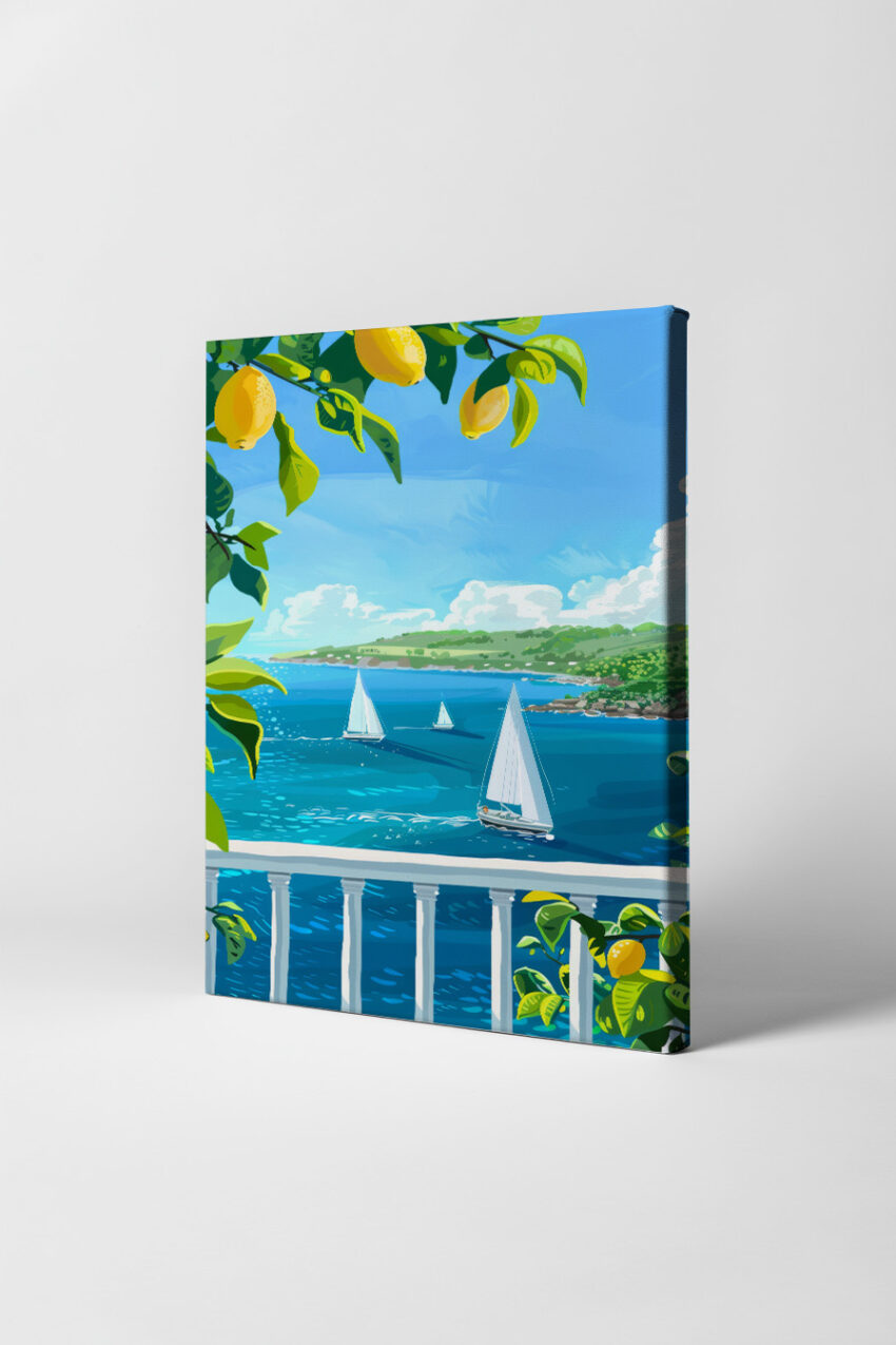 Digitale Kunst Poster Segelboote Zitruszweig Blau Gelb