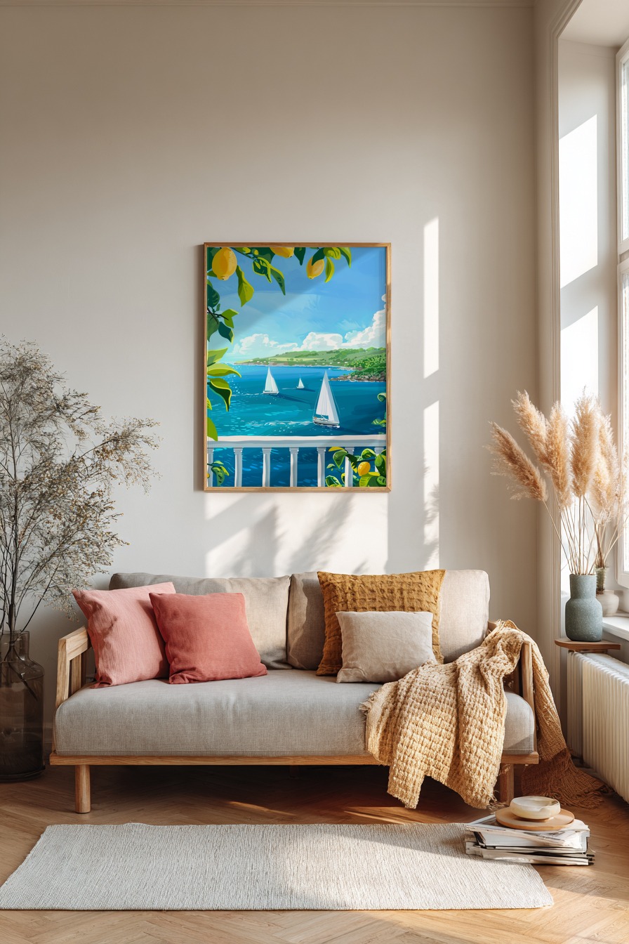 Digitale Kunst Poster Segelboote Zitruszweig Blau Gelb