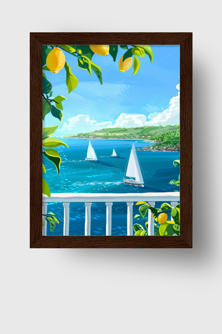 Digitale Kunst Poster Segelboote Zitruszweig Blau Gelb