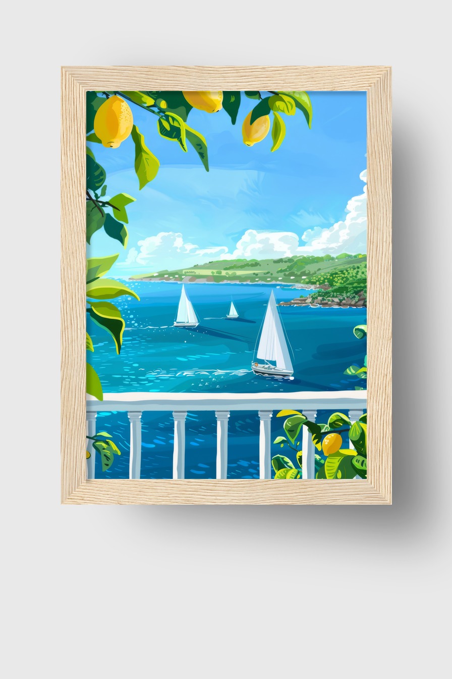 Digitale Kunst Poster Segelboote Zitruszweig Blau Gelb