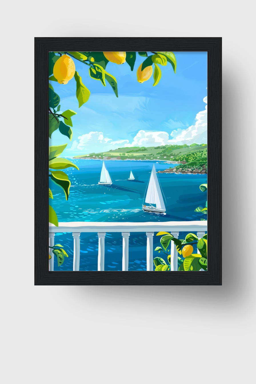 Digitale Kunst Poster Segelboote Zitruszweig Blau Gelb