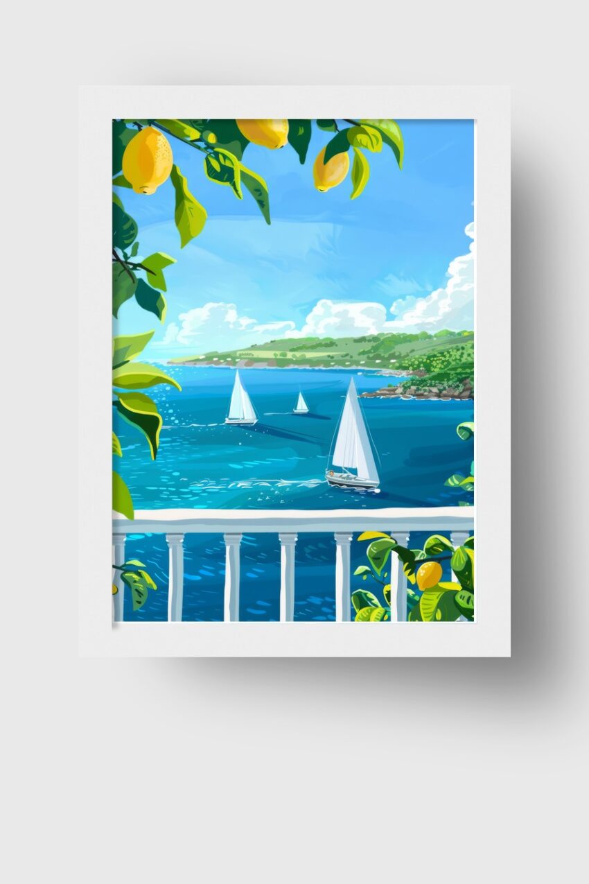 Digitale Kunst Poster Segelboote Zitruszweig Blau Gelb