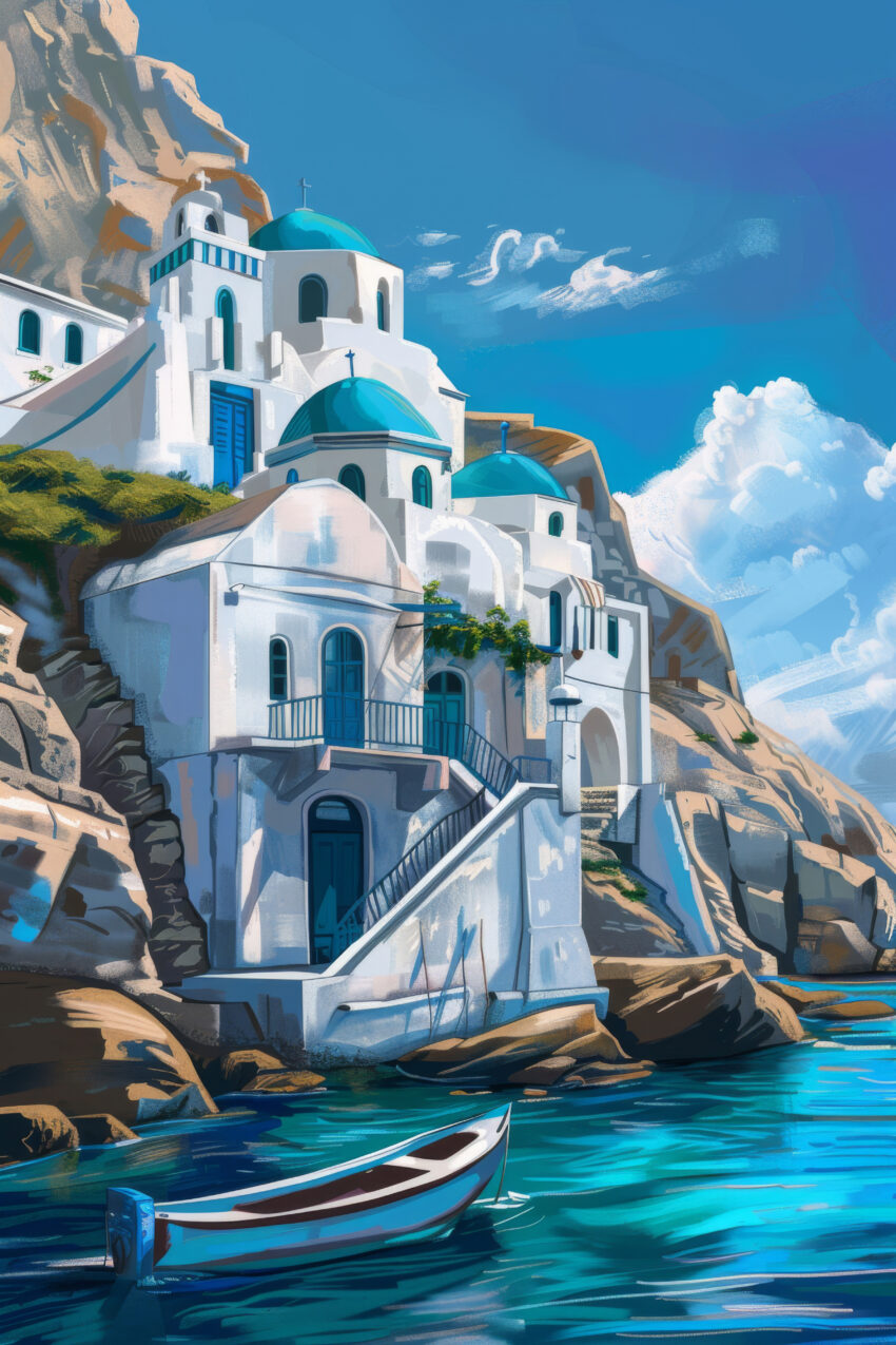 Digitale Kunst Poster Inselkirchen blau weiß mediterran