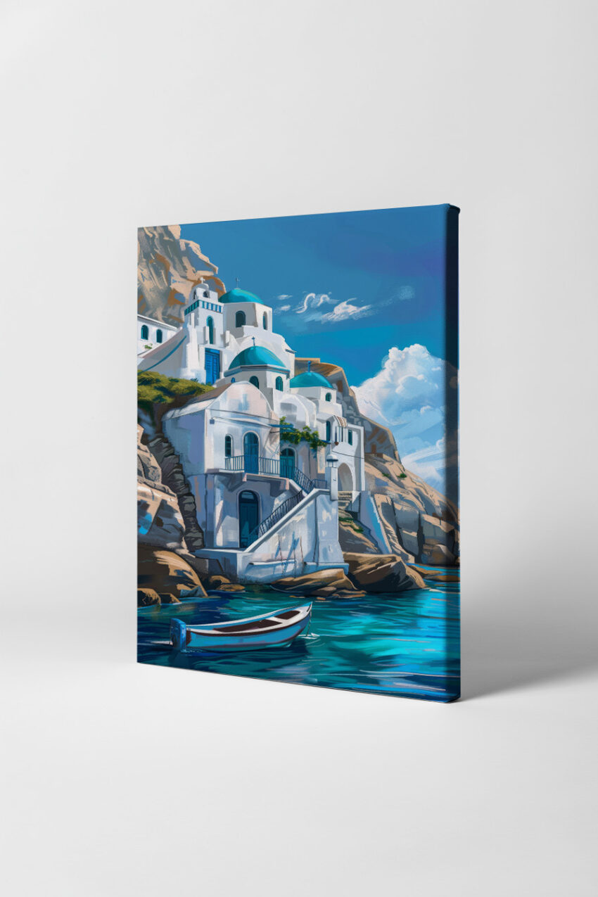 Digitale Kunst Poster Inselkirchen blau weiß mediterran