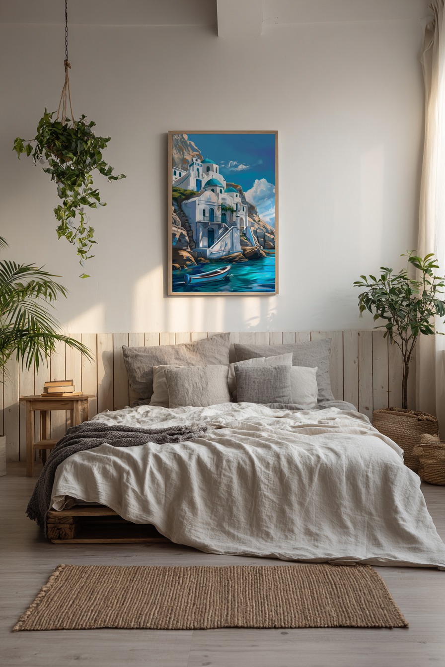 Digitale Kunst Poster Inselkirchen blau weiß mediterran