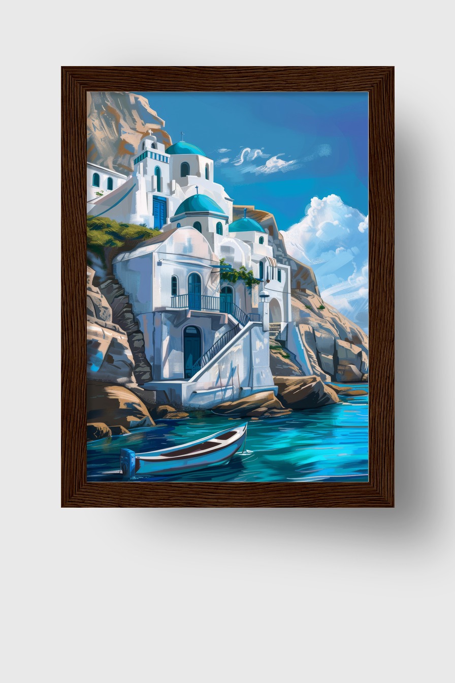Digitale Kunst Poster Inselkirchen blau weiß mediterran