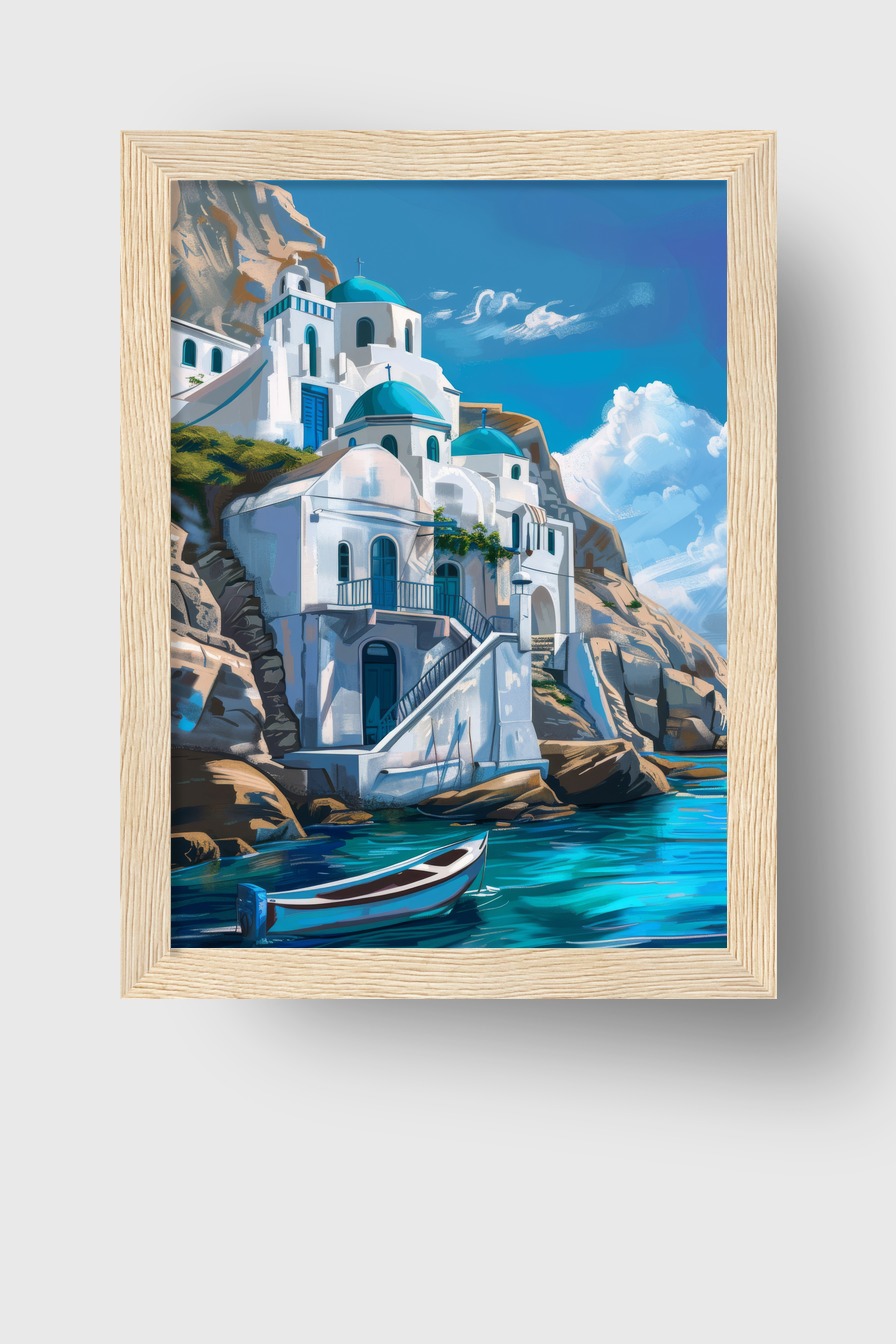 Digitale Kunst Poster Inselkirchen blau weiß mediterran