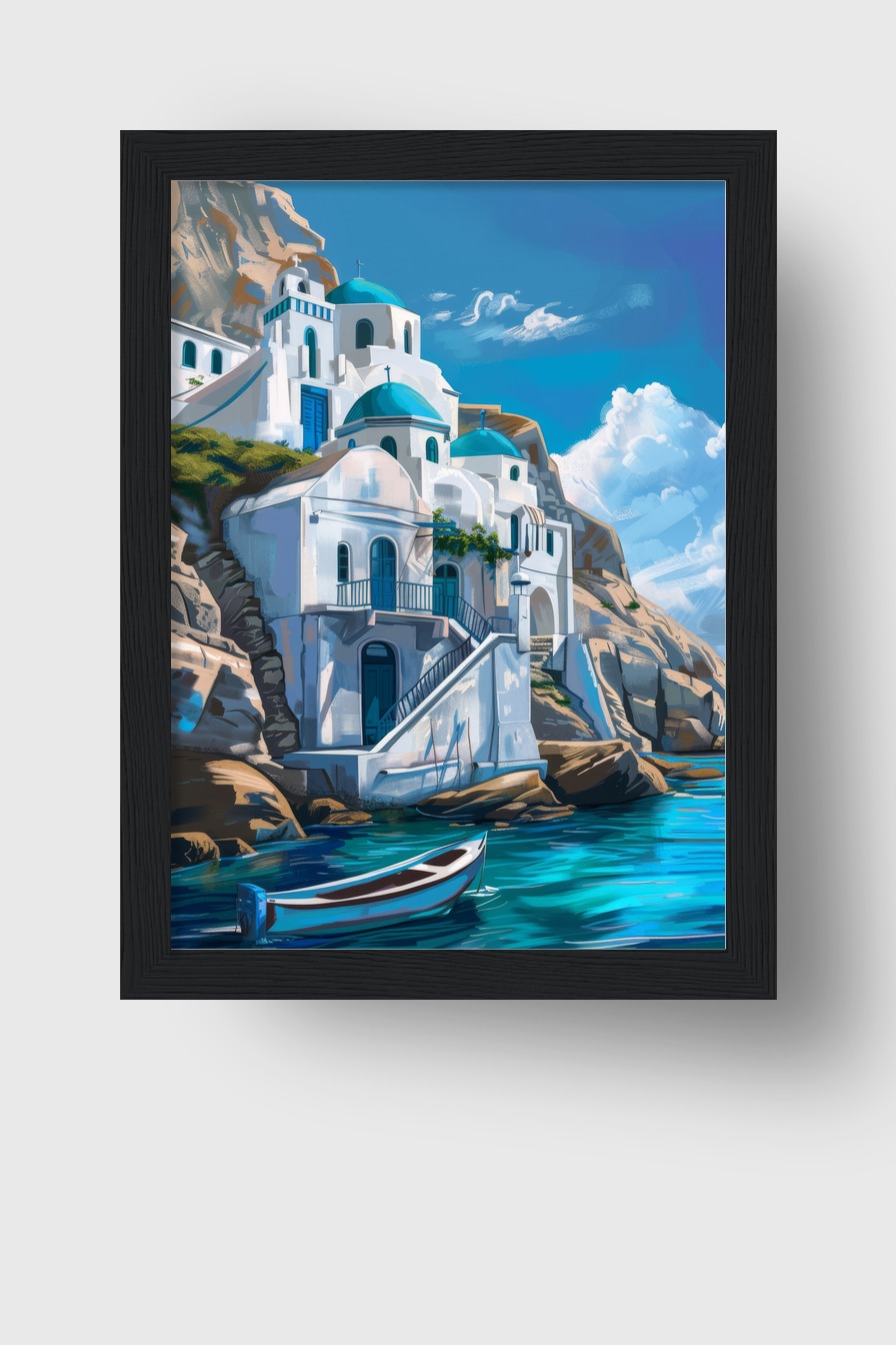 Digitale Kunst Poster Inselkirchen blau weiß mediterran