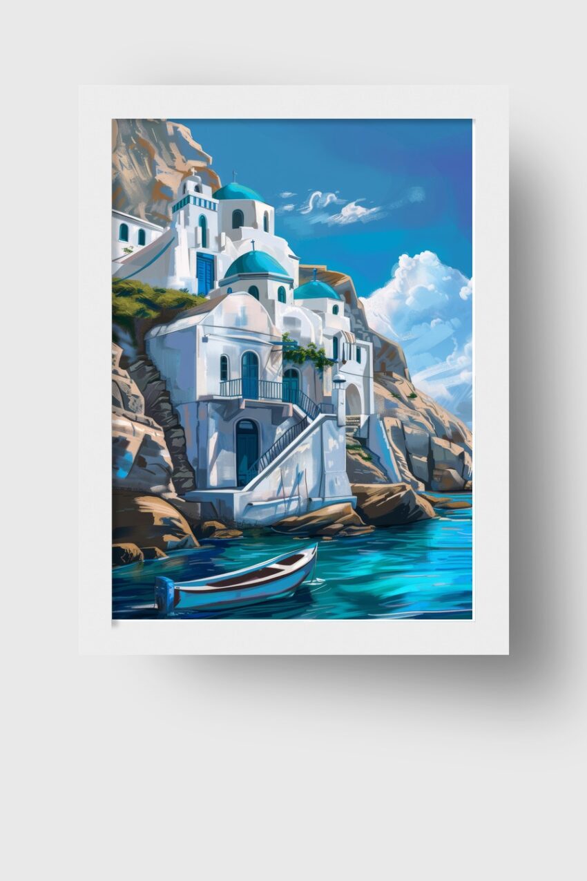 Digitale Kunst Poster Inselkirchen blau weiß mediterran