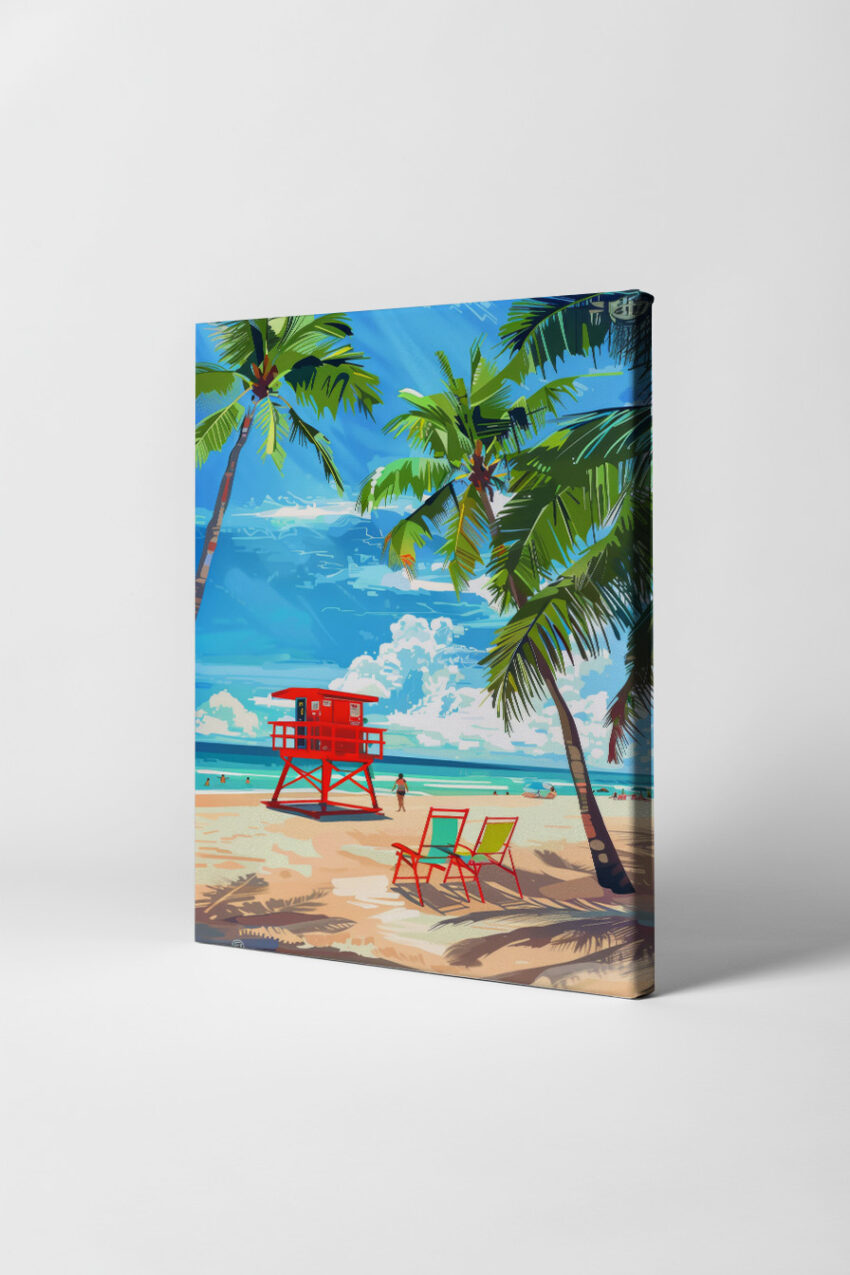 Digitale Kunst Poster Rettungsturm rot Palmen Strand blau