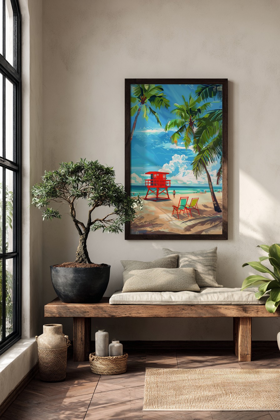 Digitale Kunst Poster Rettungsturm rot Palmen Strand blau