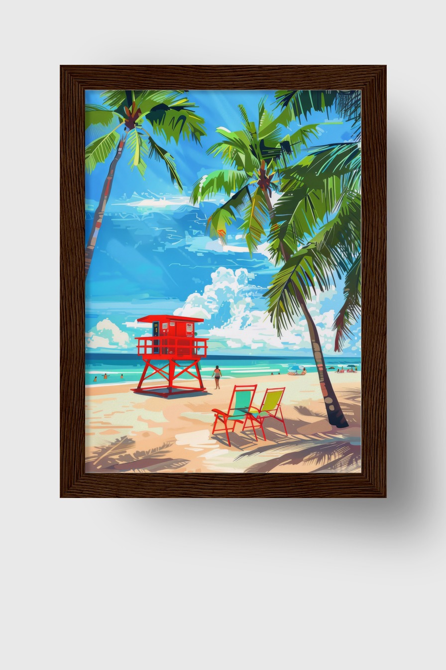 Digitale Kunst Poster Rettungsturm rot Palmen Strand blau