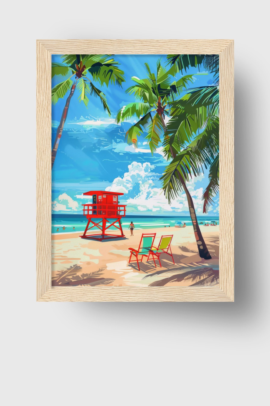 Digitale Kunst Poster Rettungsturm rot Palmen Strand blau