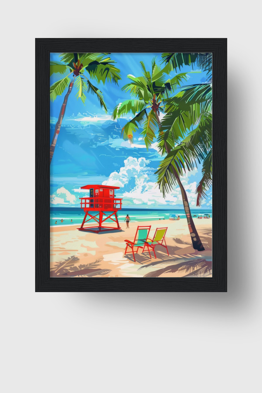 Digitale Kunst Poster Rettungsturm rot Palmen Strand blau